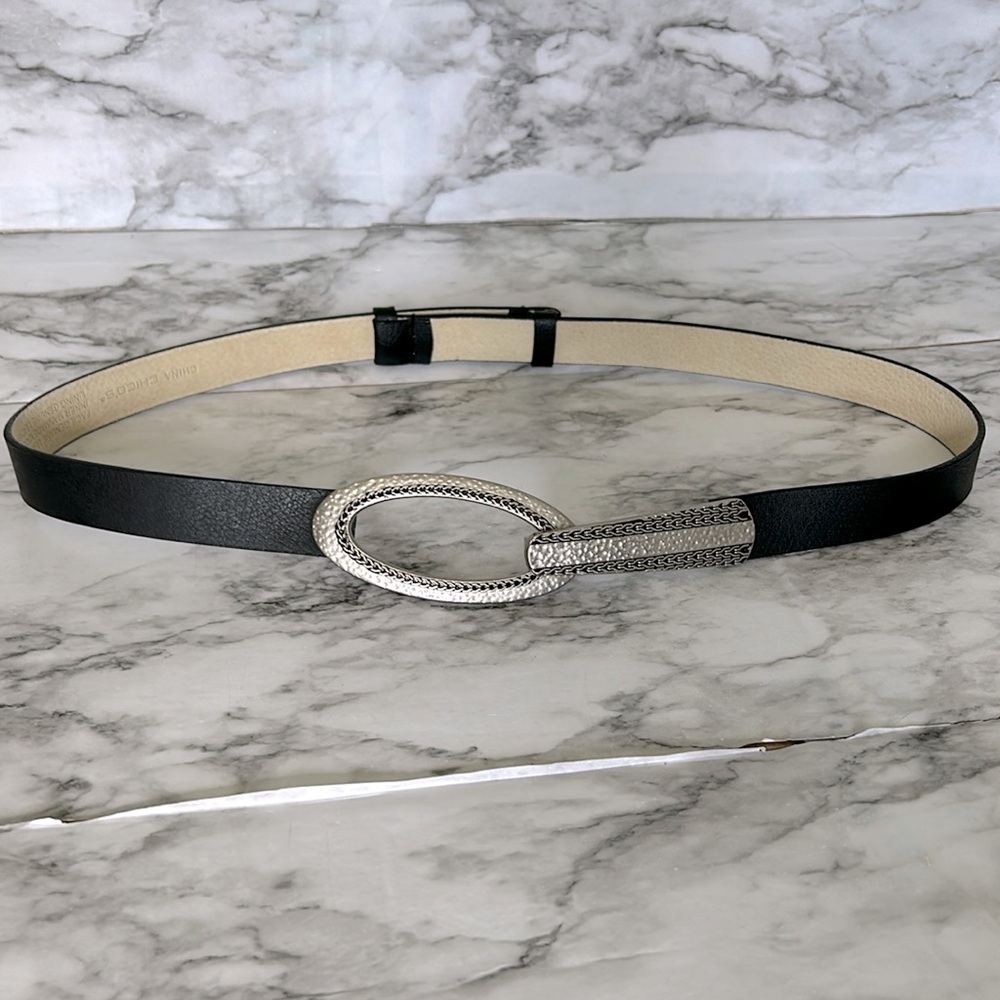Chico’s Belt Genuine Leather black with silver buckle small medium adjustable